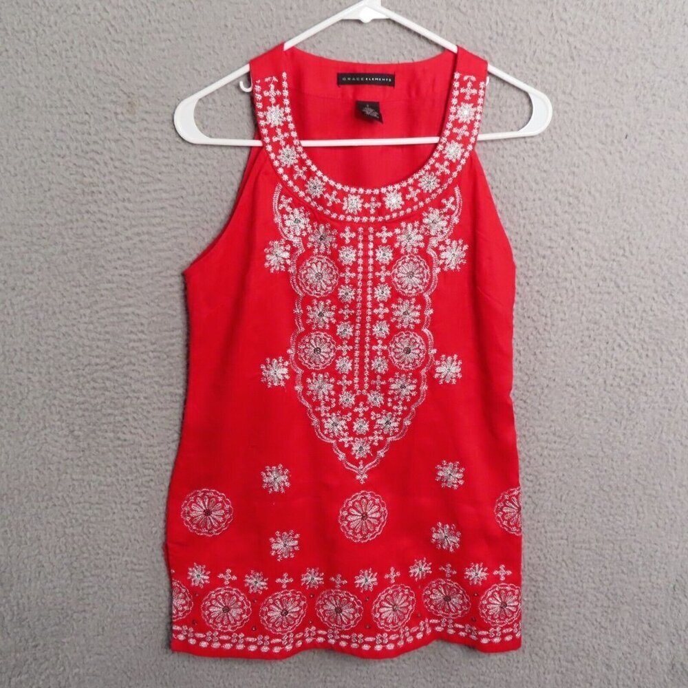 Grace‎ Elements Boho Top Embroidered Silver Sequin Sleeveless Shirt Small Tank